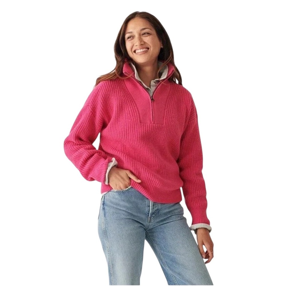 Faherty Women's Mariner Organic Cotton Half Zip Pullover Sweater Pink Knit XS